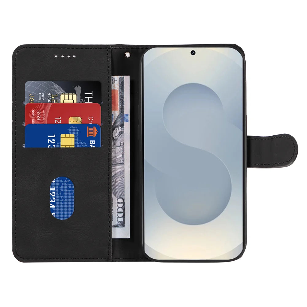For Samsung Galaxy S25 Edge Wallet Case Leather Phone Cover Stand with Curved Line Design -  Black - 2