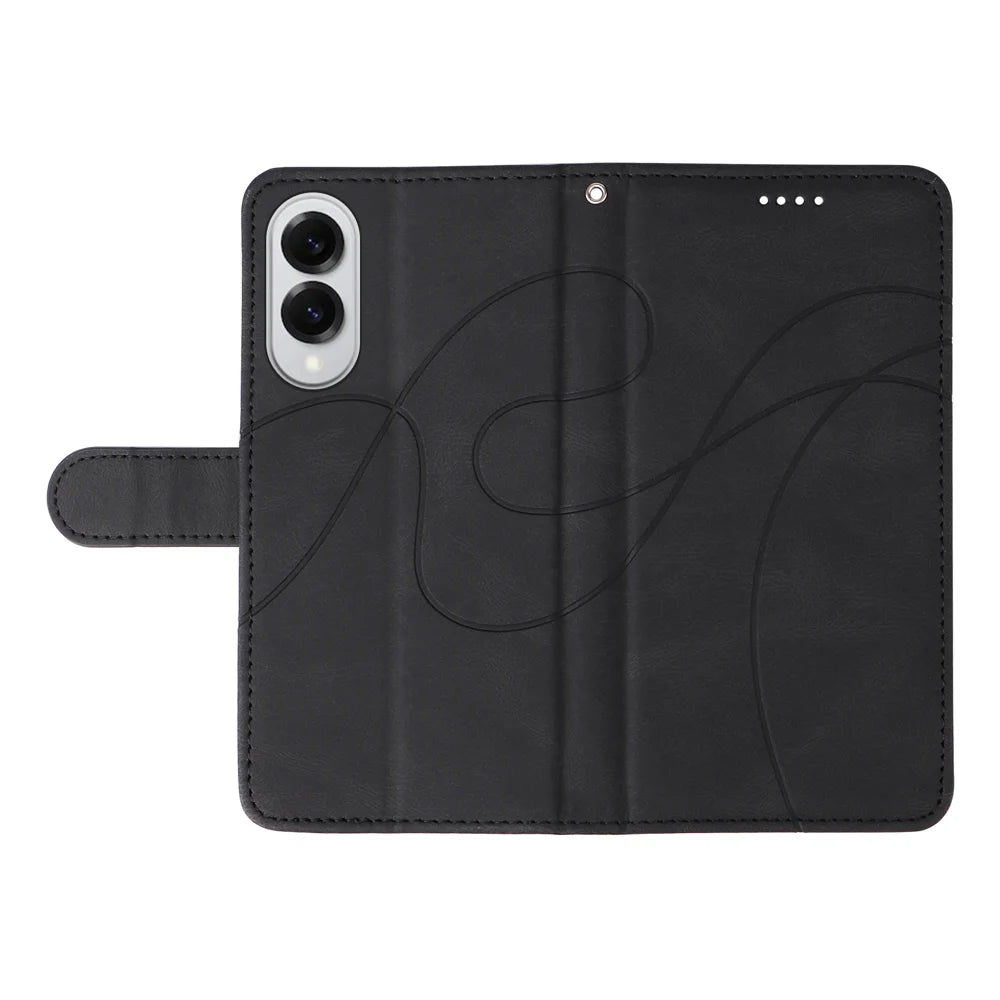 For Samsung Galaxy S25 Edge Wallet Case Leather Phone Cover Stand with Curved Line Design -  Black - 3