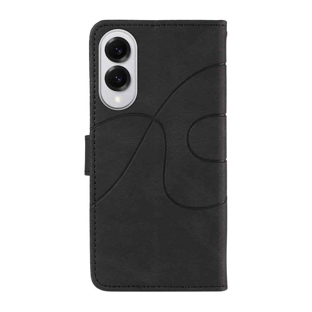 For Samsung Galaxy S25 Edge Wallet Case Leather Phone Cover Stand with Curved Line Design -  Black - 7