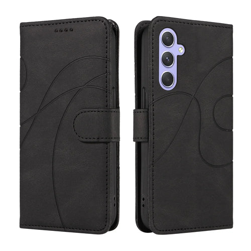 For Samsung Galaxy A54 5G Wallet Case Leather Phone Cover Stand with Curved Line Design -  Black - 1