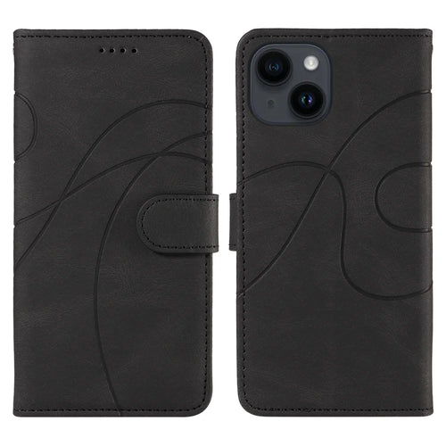 For iPhone 15 Wallet Case Leather Phone Cover Stand with Curved Line Design -  Black - 1