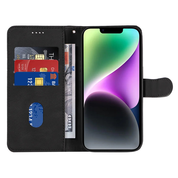 For iPhone 15 Wallet Case Leather Phone Cover Stand with Curved Line Design -  Black - 2