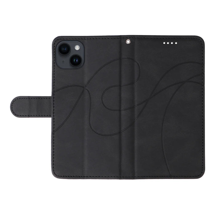 For iPhone 15 Wallet Case Leather Phone Cover Stand with Curved Line Design -  Black - 3