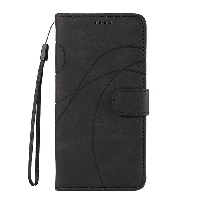 For iPhone 15 Wallet Case Leather Phone Cover Stand with Curved Line Design -  Black - 6