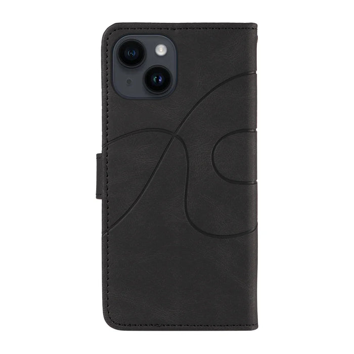 For iPhone 15 Wallet Case Leather Phone Cover Stand with Curved Line Design -  Black - 7