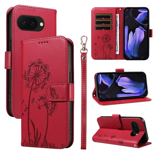 For Google Pixel 9a Leather Wallet Case with Strap Dandelion Imprint Phone Stand Cover - Red - 1