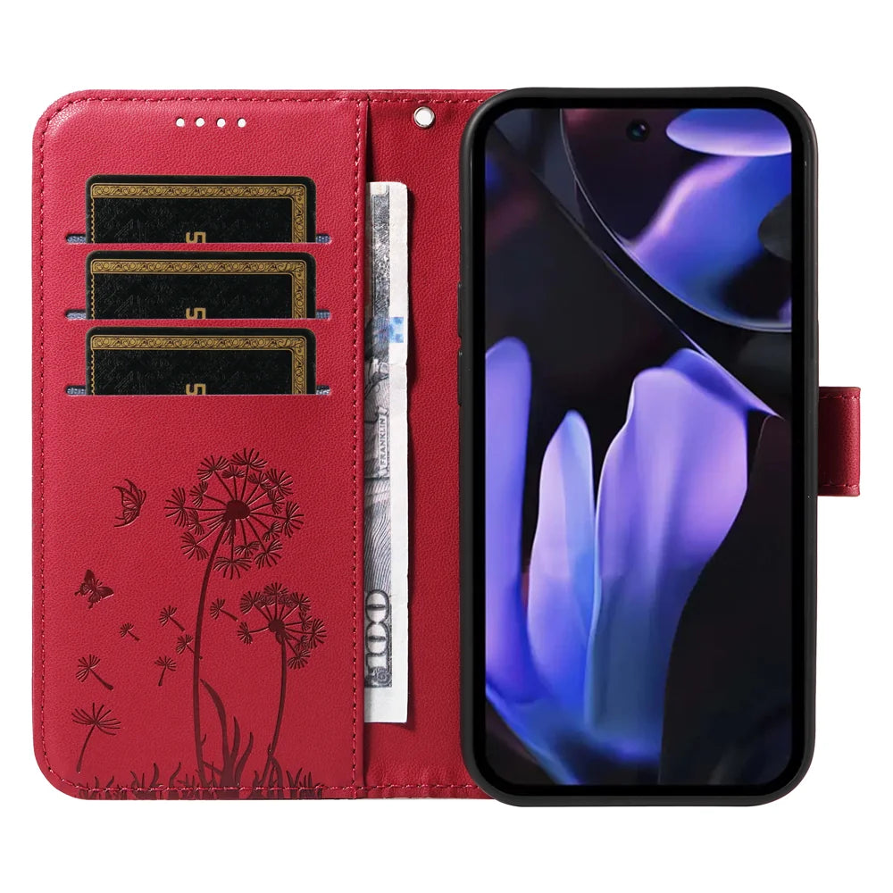 For Google Pixel 9a Leather Wallet Case with Strap Dandelion Imprint Phone Stand Cover - Red - 2