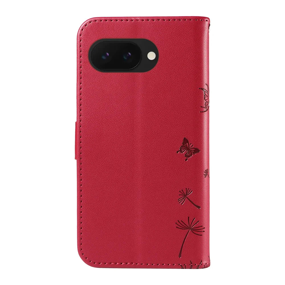 For Google Pixel 9a Leather Wallet Case with Strap Dandelion Imprint Phone Stand Cover - Red - 7