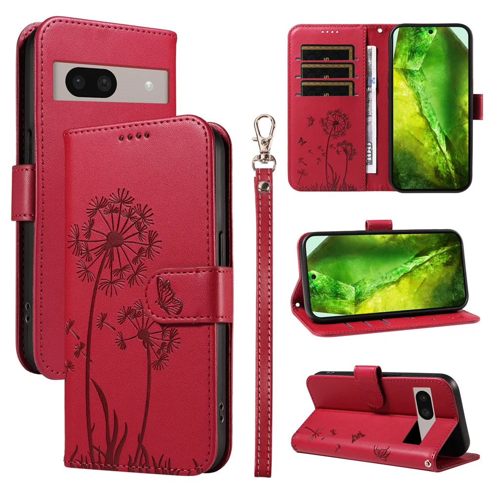 For Google Pixel 8a Leather Wallet Case with Strap Dandelion Imprint Phone Stand Cover - Red - 1