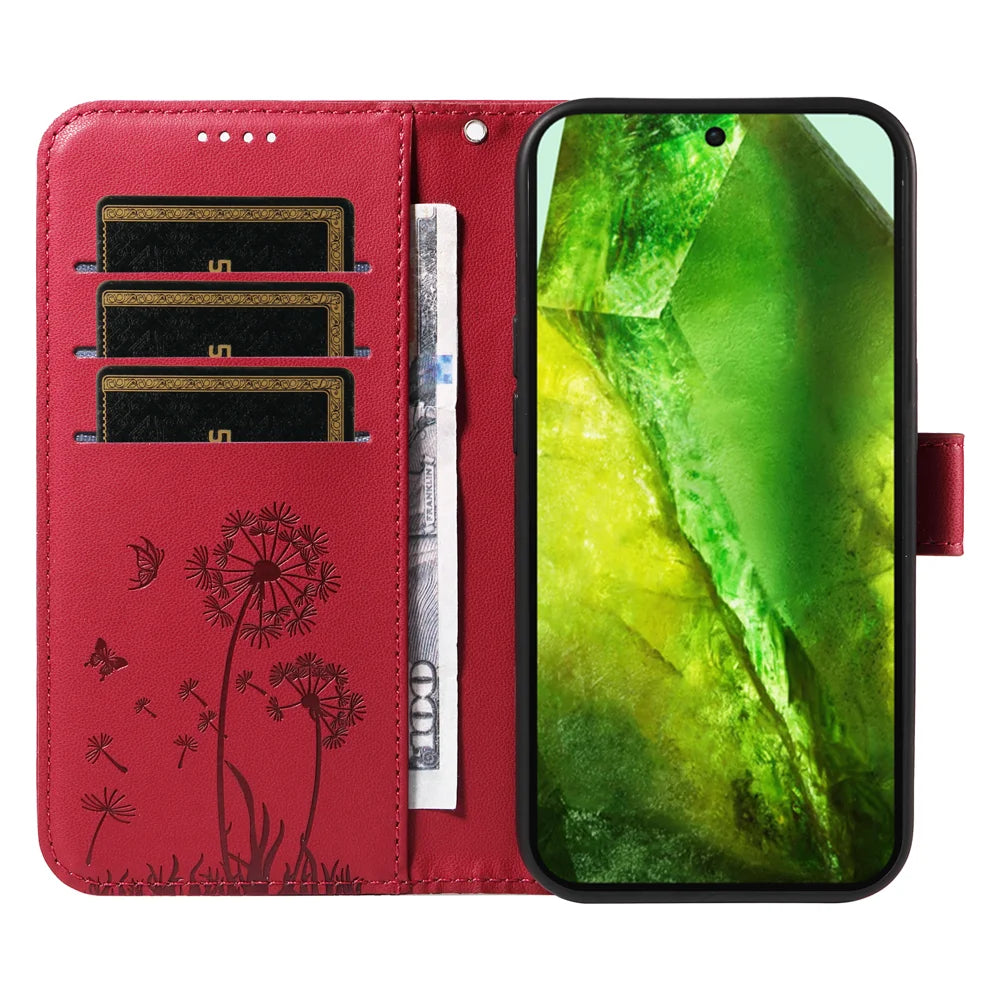 For Google Pixel 8a Leather Wallet Case with Strap Dandelion Imprint Phone Stand Cover - Red - 2
