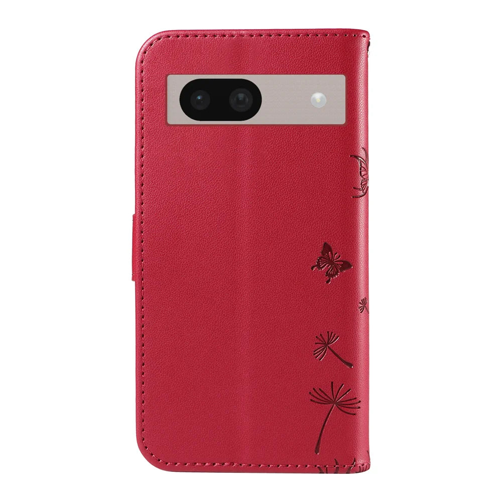 For Google Pixel 8a Leather Wallet Case with Strap Dandelion Imprint Phone Stand Cover - Red - 7