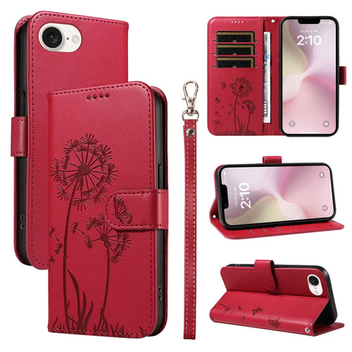 For iPhone 17e / 16e Leather Wallet Case with Strap Dandelion Imprint Phone Stand Cover - Red - 1