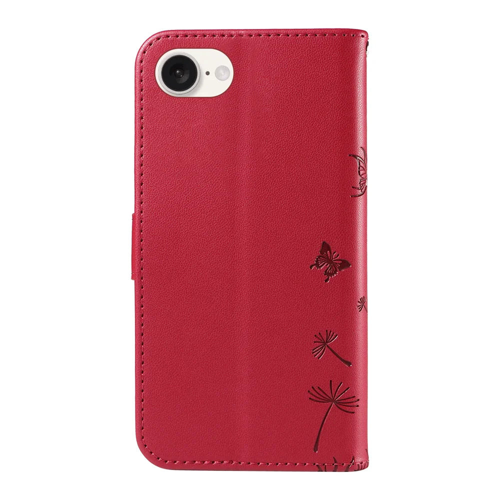 For iPhone 17e / 16e Leather Wallet Case with Strap Dandelion Imprint Phone Stand Cover - Red - 2