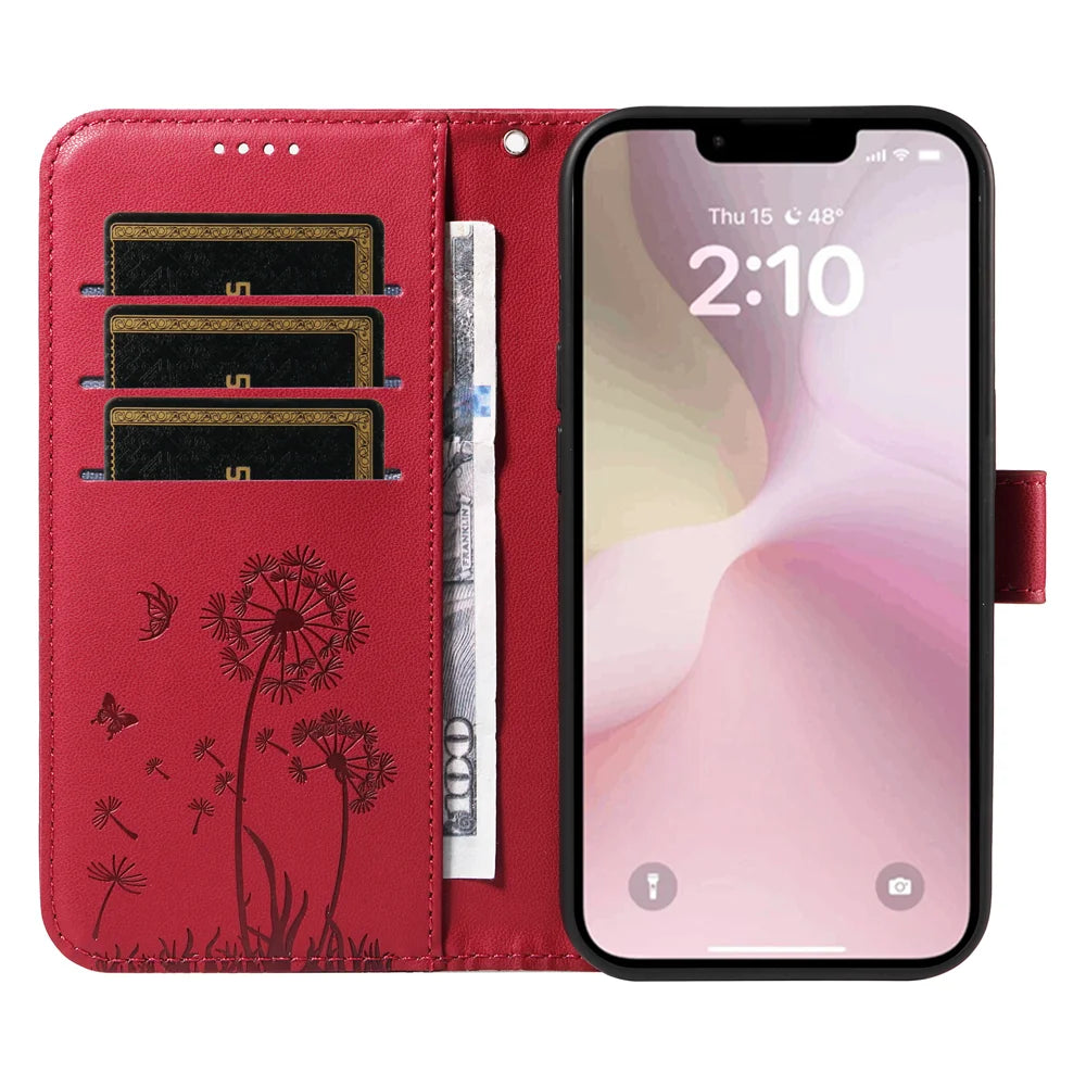 For iPhone 17e / 16e Leather Wallet Case with Strap Dandelion Imprint Phone Stand Cover - Red - 3