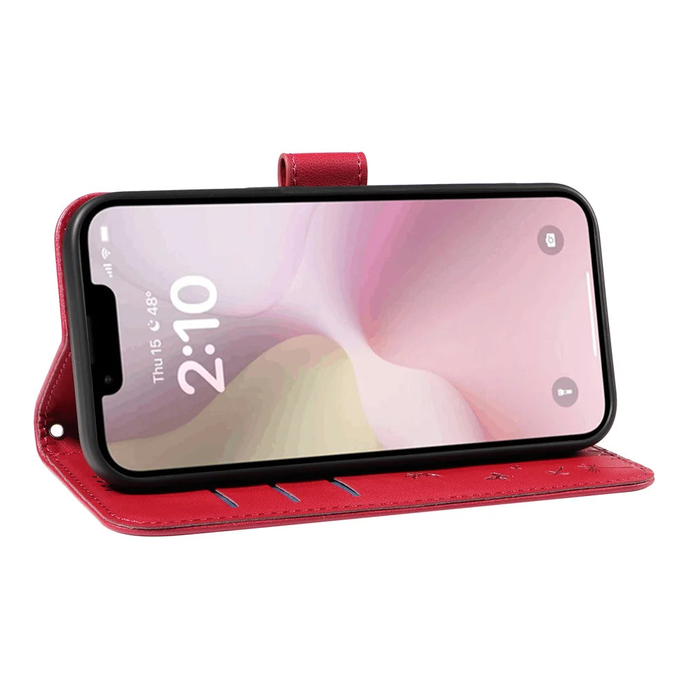 For iPhone 17e / 16e Leather Wallet Case with Strap Dandelion Imprint Phone Stand Cover - Red - 5