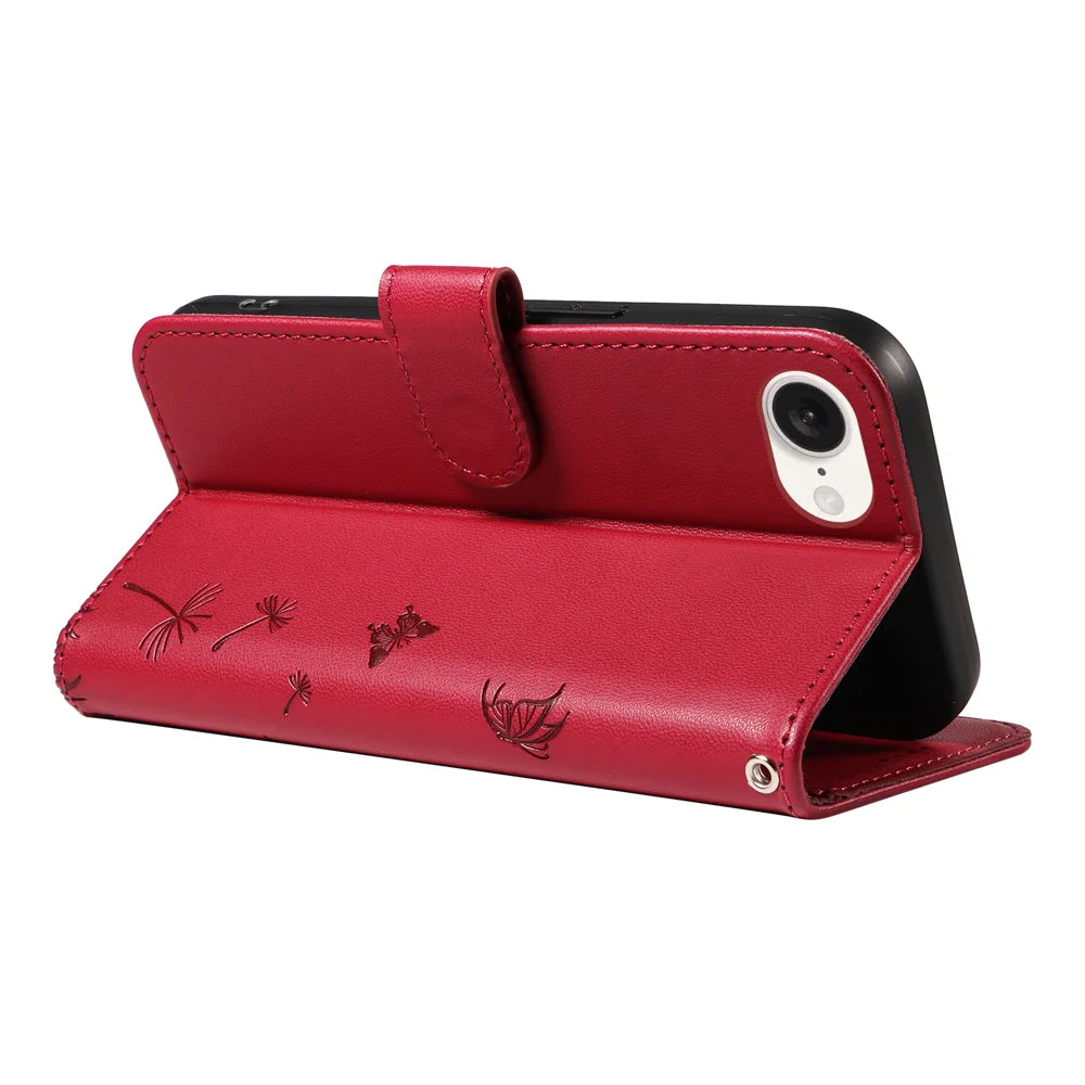 For iPhone 17e / 16e Leather Wallet Case with Strap Dandelion Imprint Phone Stand Cover - Red - 6