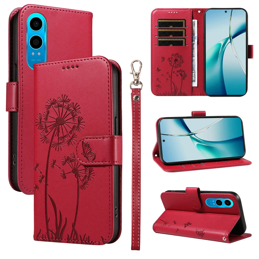 For Oppo K12x 5G (China) / OnePlus Nord CE4 Lite 5G Leather Wallet Case with Strap Dandelion Imprint Phone Stand Cover - Red - 1