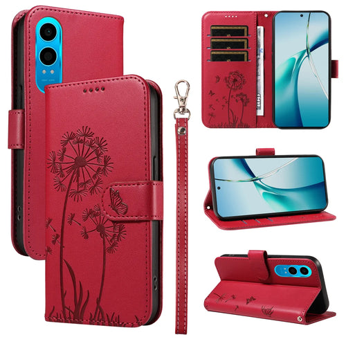 For Oppo K12x 5G (China) / OnePlus Nord CE4 Lite 5G Leather Wallet Case with Strap Dandelion Imprint Phone Stand Cover - Red - 1