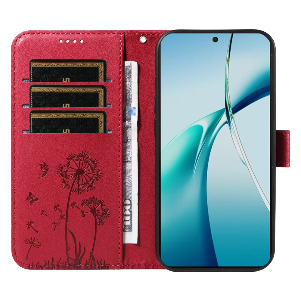 For Oppo K12x 5G (China) / OnePlus Nord CE4 Lite 5G Leather Wallet Case with Strap Dandelion Imprint Phone Stand Cover - Red - 2