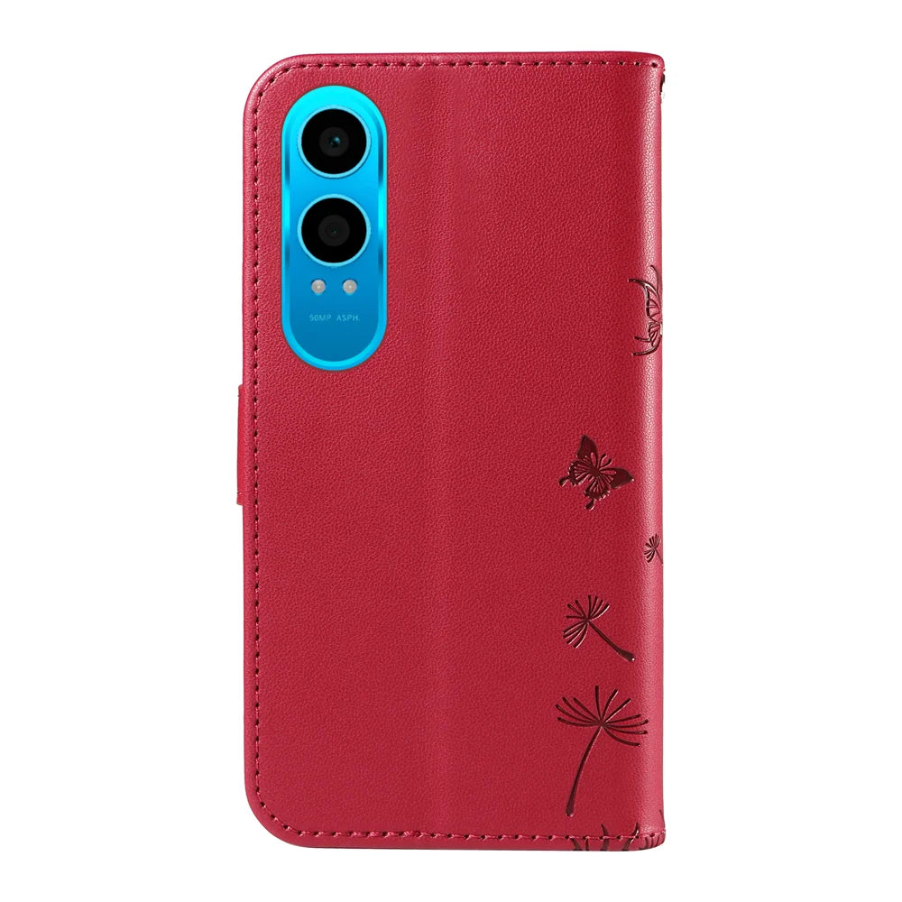 For Oppo K12x 5G (China) / OnePlus Nord CE4 Lite 5G Leather Wallet Case with Strap Dandelion Imprint Phone Stand Cover - Red - 7