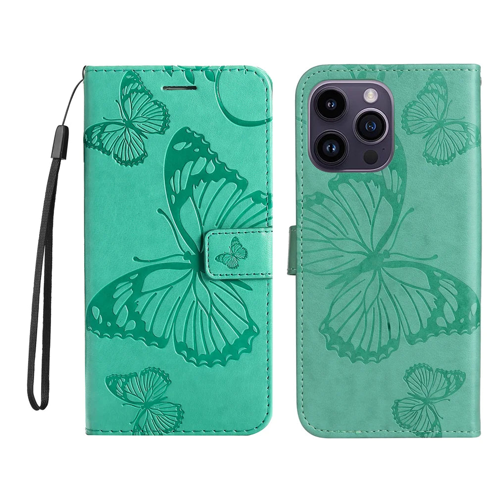 For iPhone 15 Pro Max Wallet Case Floral Butterfly Imprinted Leather Phone Cover Stand -  Green - 1