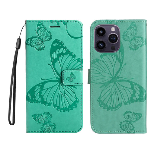For iPhone 15 Pro Max Wallet Case Floral Butterfly Imprinted Leather Phone Cover Stand -  Green - 1
