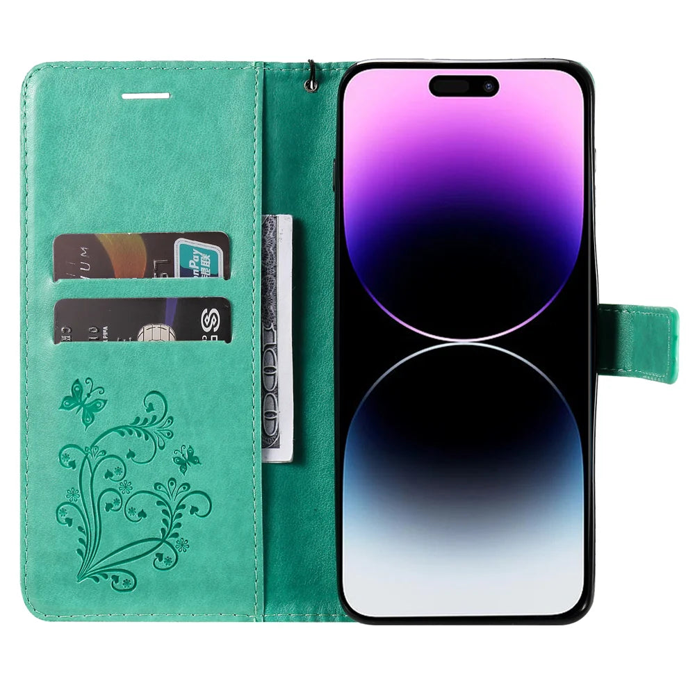 For iPhone 15 Pro Max Wallet Case Floral Butterfly Imprinted Leather Phone Cover Stand -  Green - 2