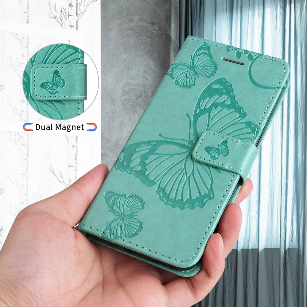 For iPhone 15 Pro Max Wallet Case Floral Butterfly Imprinted Leather Phone Cover Stand -  Green - 4