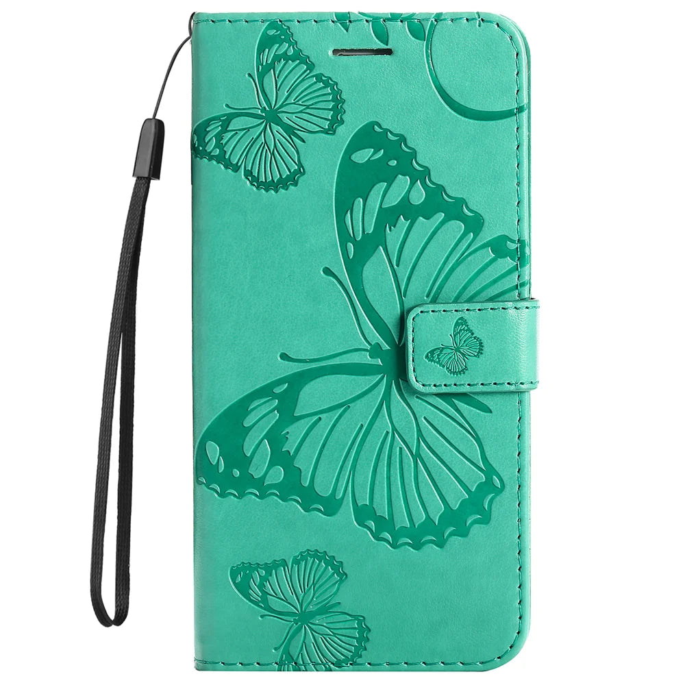 For iPhone 15 Pro Max Wallet Case Floral Butterfly Imprinted Leather Phone Cover Stand -  Green - 7