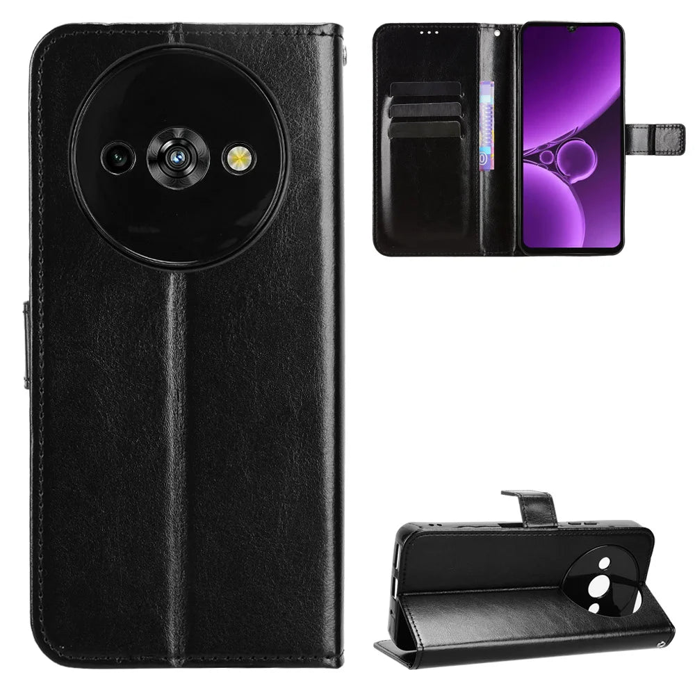 For Oukitel C59 Pro PU Leather Case with Strap Crazy Horse Texture Phone Wallet Cover - Black - 1