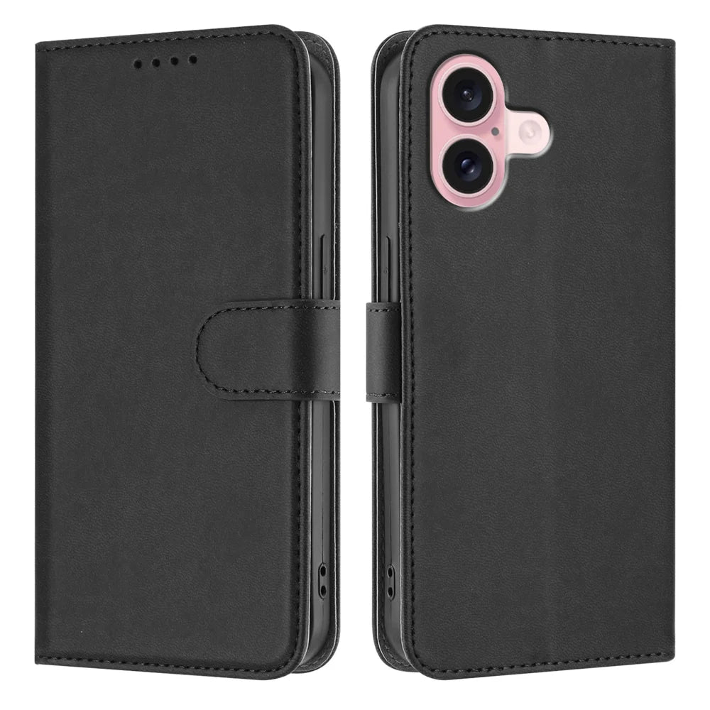 For iPhone 16 Leather Case Solid Color Phone Cover with Wallet - Black - 1