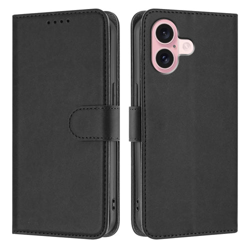 For iPhone 16 Leather Case Solid Color Phone Cover with Wallet - Black - 1
