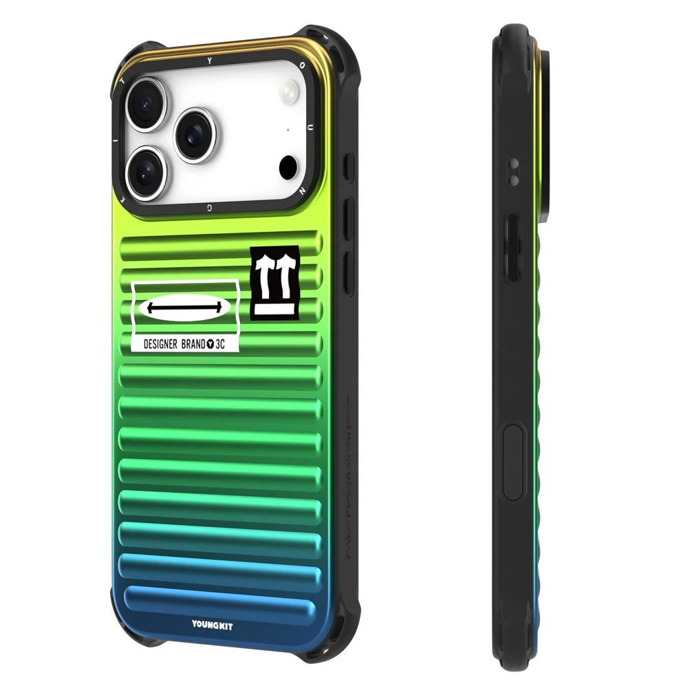YOUNGKIT For iPhone 17 Pro Case Suitcase Style TPU + Aluminium Alloy Laser Gradient Phone Cover - Orange  /  Green  /  Blue - 3