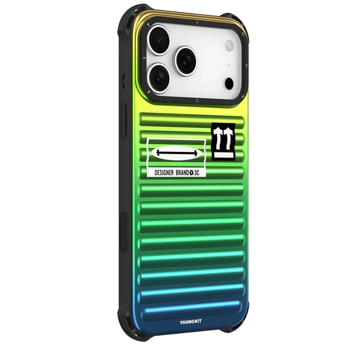YOUNGKIT For iPhone 17 Pro Max Case Suitcase Style TPU + Aluminium Alloy Laser Gradient Phone Cover - Orange  /  Green  /  Blue - 1