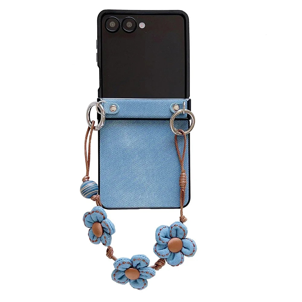 For Samsung Galaxy Z Flip7 5G Case Jeans Cloth Texture TPU + PC Phone Cover with Floral Strap - Baby Blue - 1