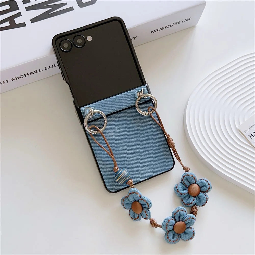 For Samsung Galaxy Z Flip7 5G Case Jeans Cloth Texture TPU + PC Phone Cover with Floral Strap - Baby Blue - 2