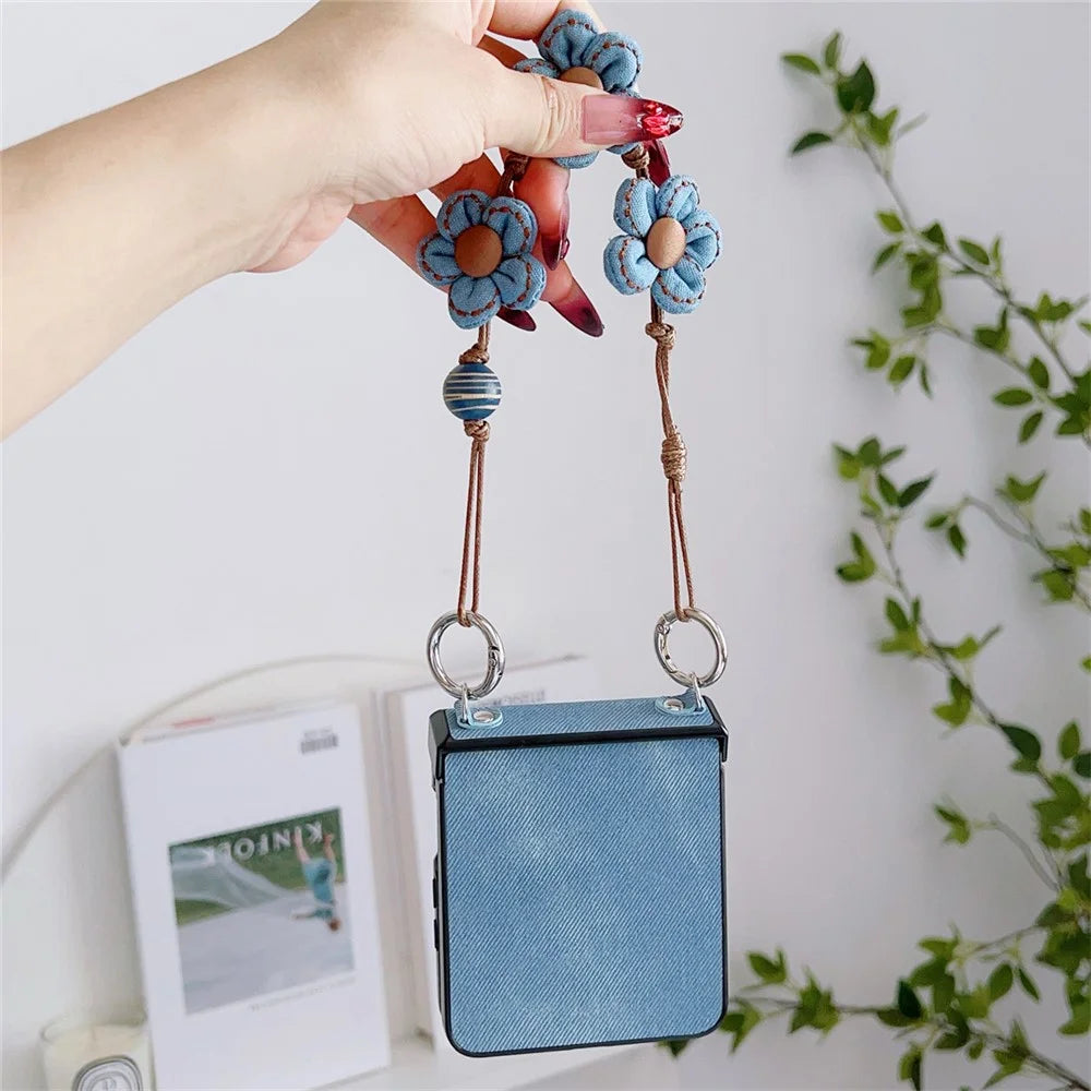For Samsung Galaxy Z Flip7 5G Case Jeans Cloth Texture TPU + PC Phone Cover with Floral Strap - Baby Blue - 3