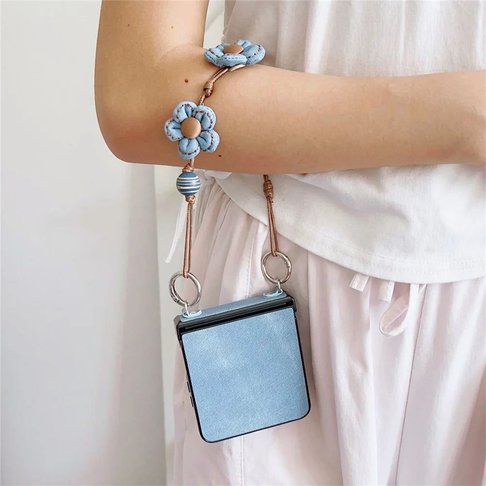 For Samsung Galaxy Z Flip7 5G Case Jeans Cloth Texture TPU + PC Phone Cover with Floral Strap - Baby Blue - 4