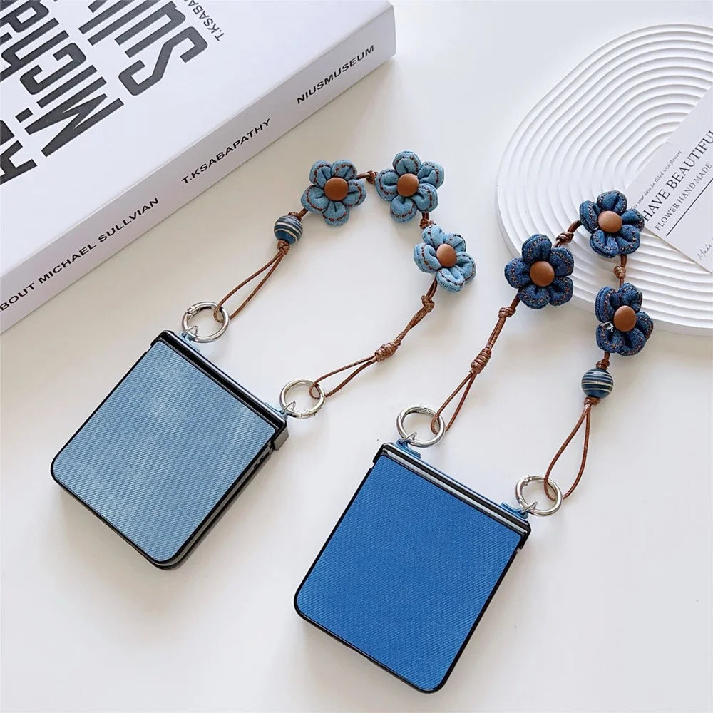 For Samsung Galaxy Z Flip7 5G Case Jeans Cloth Texture TPU + PC Phone Cover with Floral Strap - Baby Blue - 5