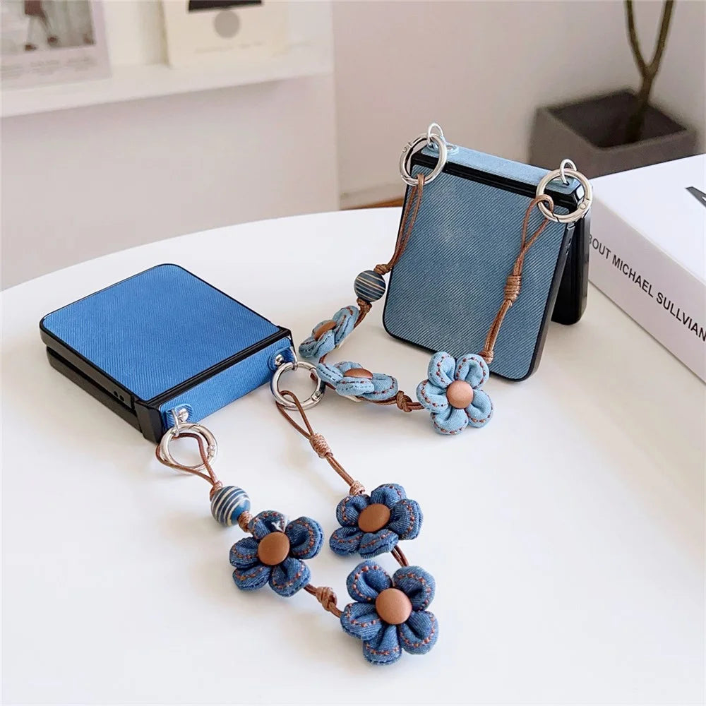 For Samsung Galaxy Z Flip7 5G Case Jeans Cloth Texture TPU + PC Phone Cover with Floral Strap - Baby Blue - 6