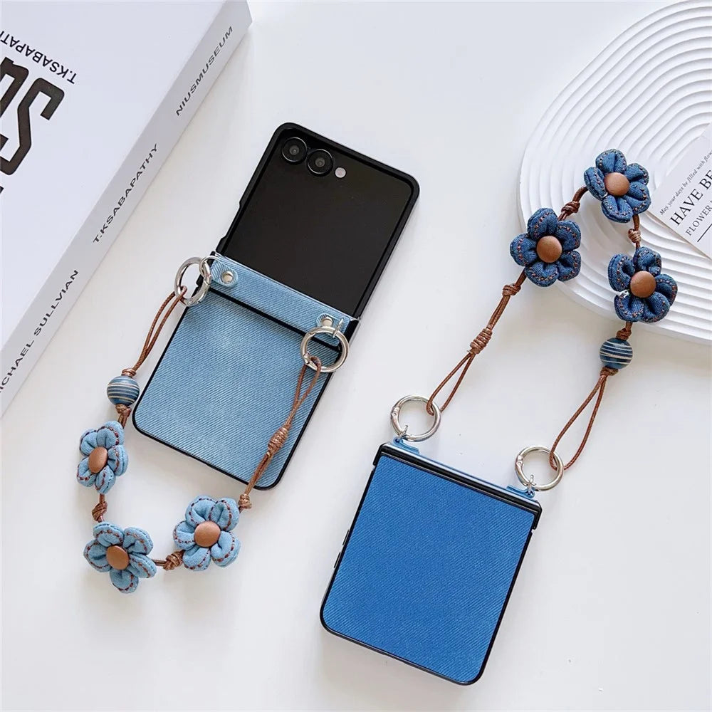 For Samsung Galaxy Z Flip7 5G Case Jeans Cloth Texture TPU + PC Phone Cover with Floral Strap - Baby Blue - 7