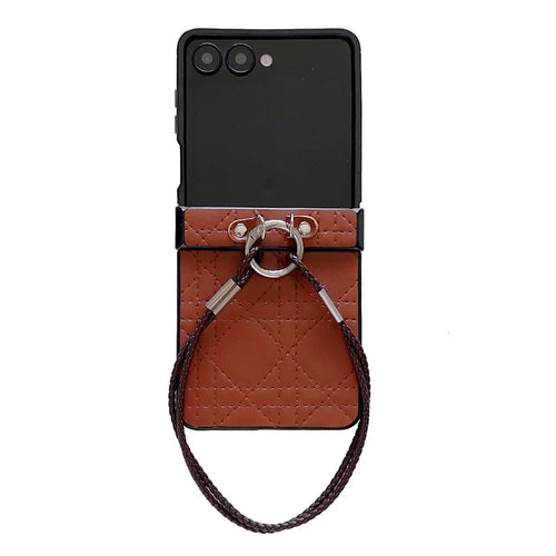 For Samsung Galaxy Z Flip7 5G Case Imprinted Rhombus TPU + PC Phone Cover with Wrist Strap - Brown - 1