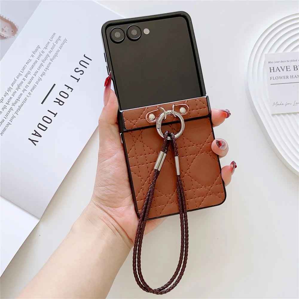 For Samsung Galaxy Z Flip7 5G Case Imprinted Rhombus TPU + PC Phone Cover with Wrist Strap - Brown - 2