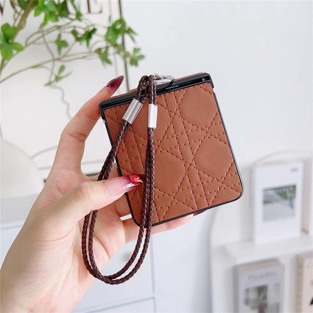 For Samsung Galaxy Z Flip7 5G Case Imprinted Rhombus TPU + PC Phone Cover with Wrist Strap - Brown - 3