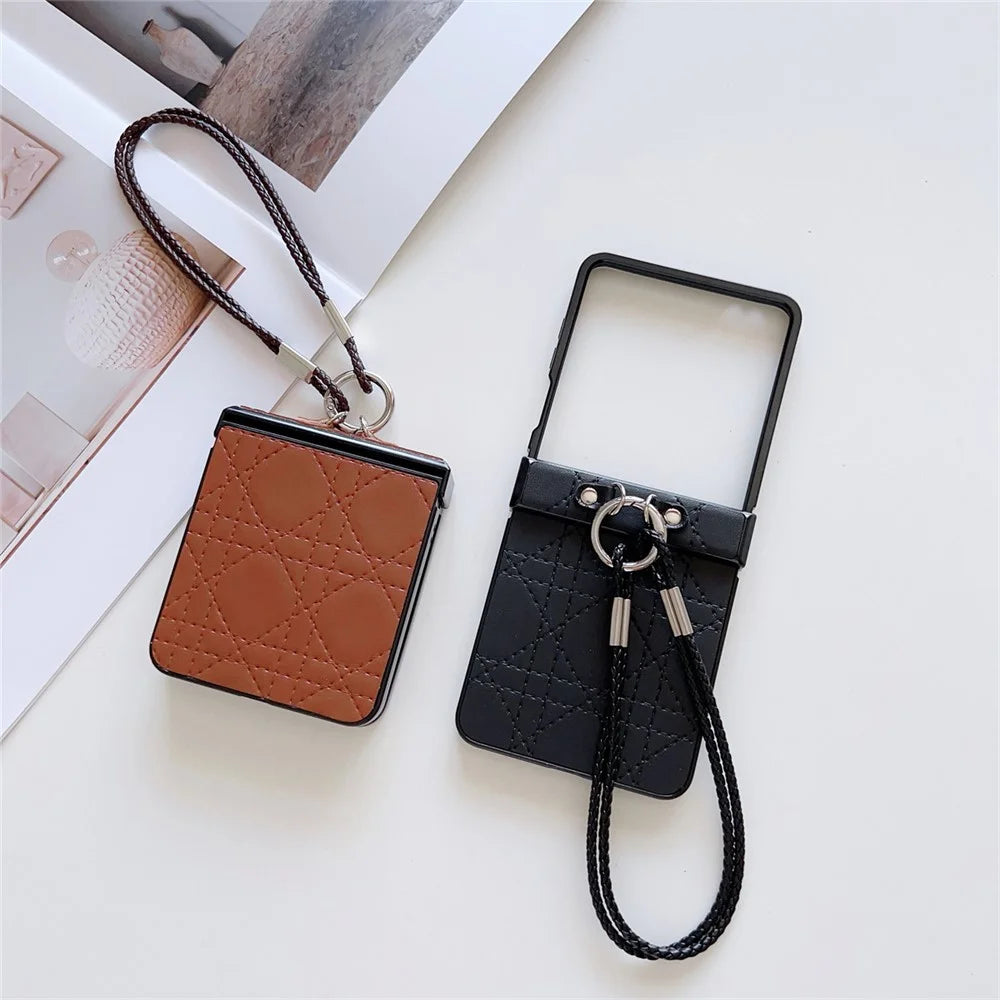 For Samsung Galaxy Z Flip7 5G Case Imprinted Rhombus TPU + PC Phone Cover with Wrist Strap - Brown - 4