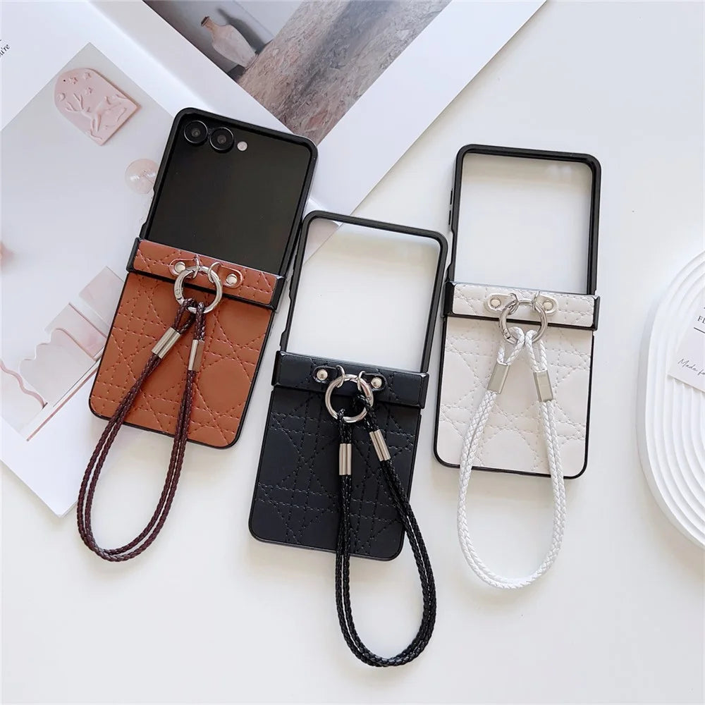 For Samsung Galaxy Z Flip7 5G Case Imprinted Rhombus TPU + PC Phone Cover with Wrist Strap - Brown - 5