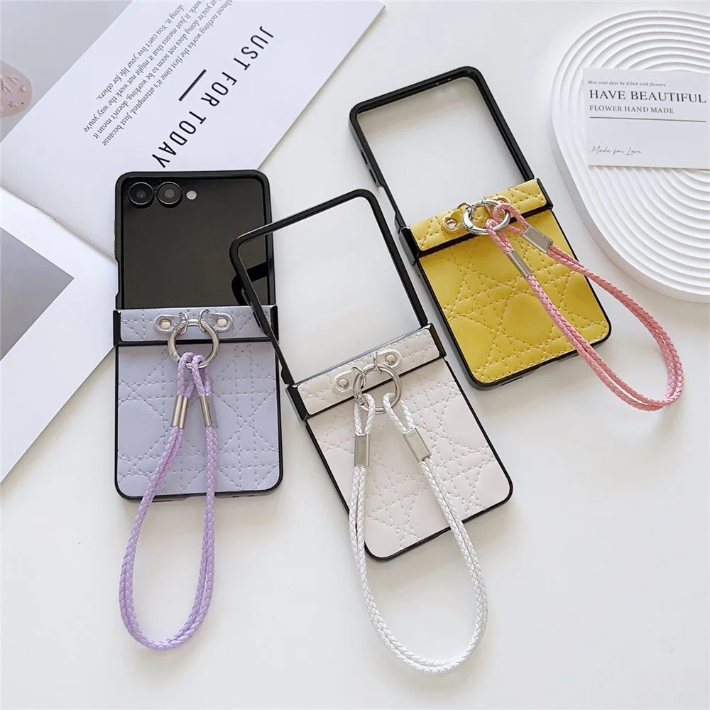 For Samsung Galaxy Z Flip7 5G Case Imprinted Rhombus TPU + PC Phone Cover with Wrist Strap - Brown - 6