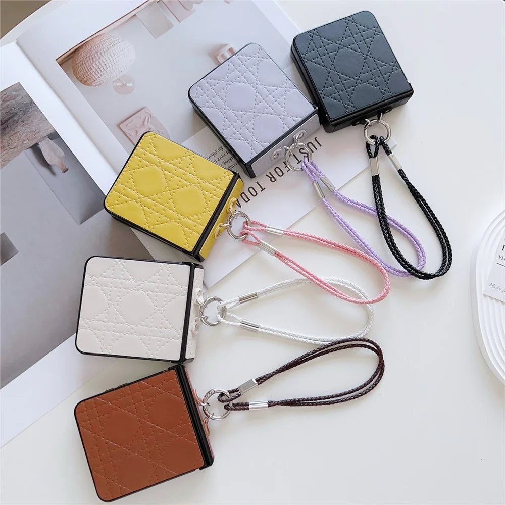 For Samsung Galaxy Z Flip7 5G Case Imprinted Rhombus TPU + PC Phone Cover with Wrist Strap - Brown - 7