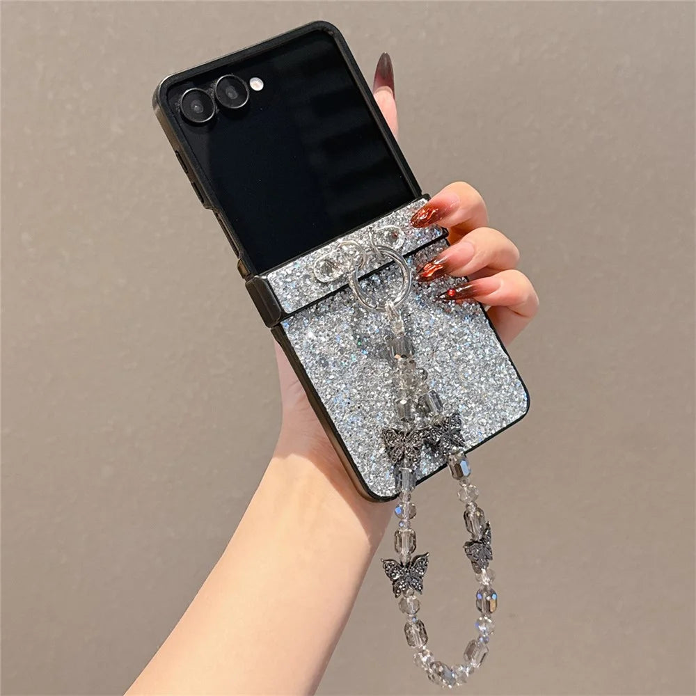For Samsung Galaxy Z Flip7 5G Case Glitter Rhinestone TPU PC Phone Cover with Butterfly Wrist Strap - Silver - 1