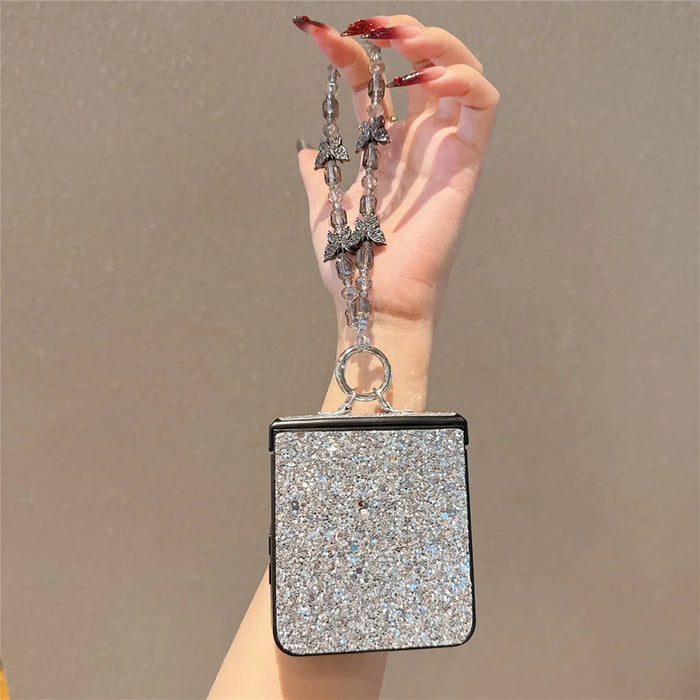 For Samsung Galaxy Z Flip7 5G Case Glitter Rhinestone TPU PC Phone Cover with Butterfly Wrist Strap - Silver - 2